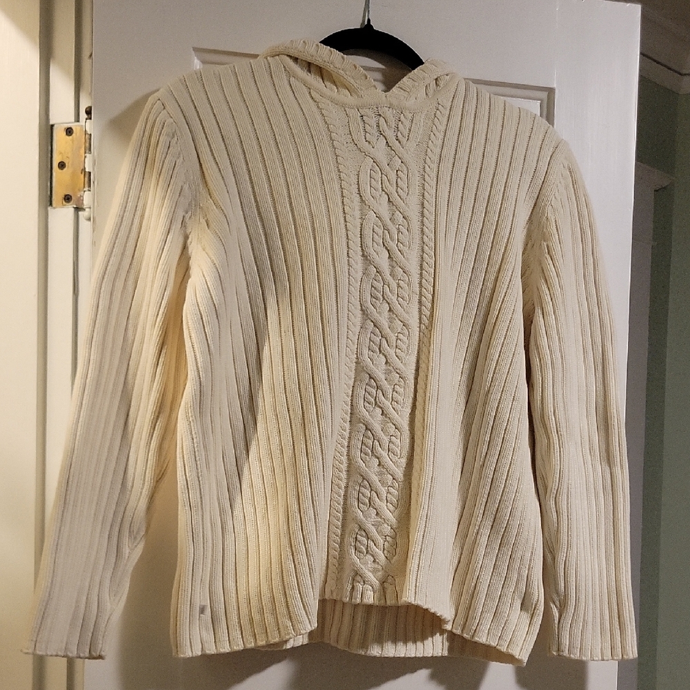 Lauren Ralph Lauren Cream Cable Knit Cotton Hooded Sweater - L